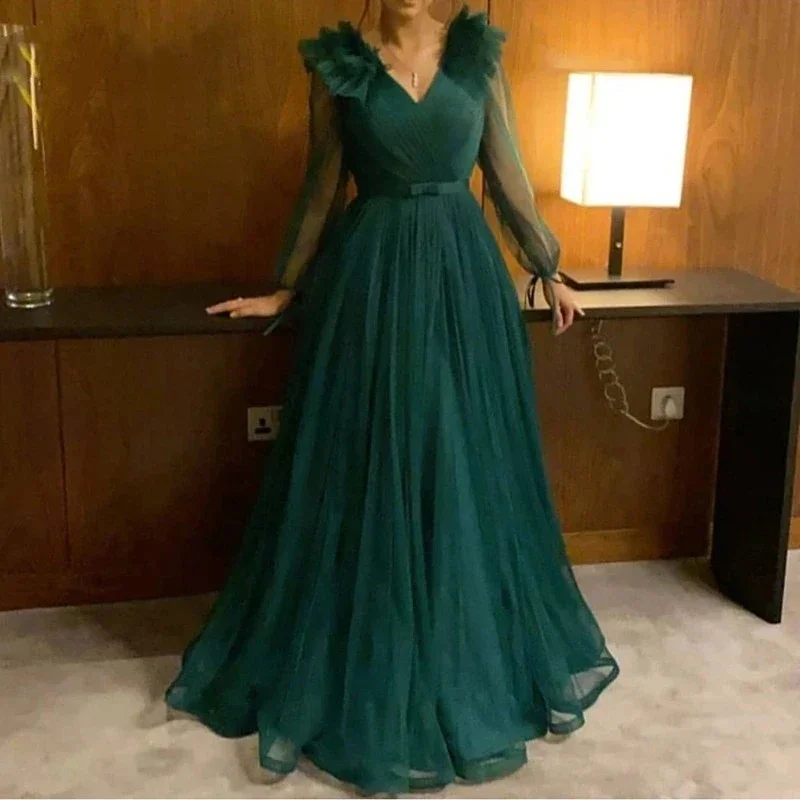 

IRIDESCENT Green Sexy V-Neck Long Sleeves Mother Of The Bride Dresses Soiree Robe Floor-Length Tulle Prom Formal Party Gowns