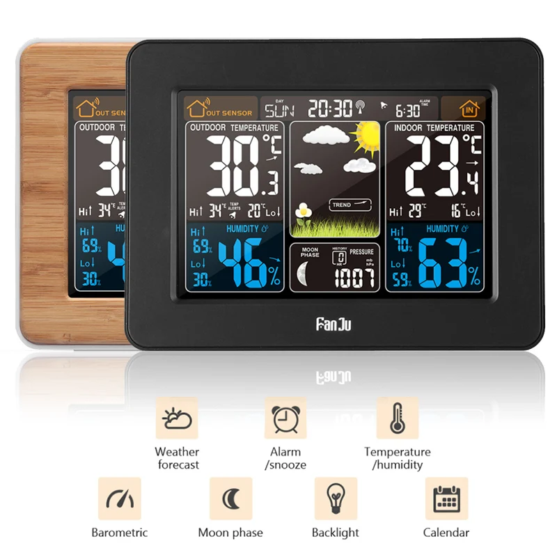 

FanJu FJ3365 Weather Station Air Pressure Forecast Alarm Indoor Outdoor Thermometer Hygrometer Wireless Multifunction Clock