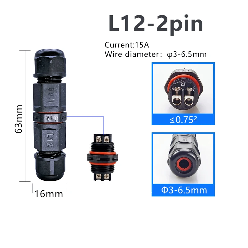 L12 2핀 IP68 방수 전원 케이블 커넥터 나사 고정 15A 50V-2000V 난연성 나일론 소재