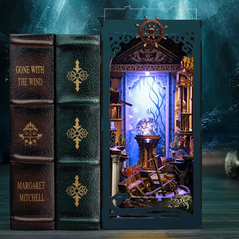 DIY Book Nook Shelf Insert Kits Riddle On The Seabed Bookshelf Wooden Miniature Model Kit Handmade Bookend Friends Xmas Gifts 4