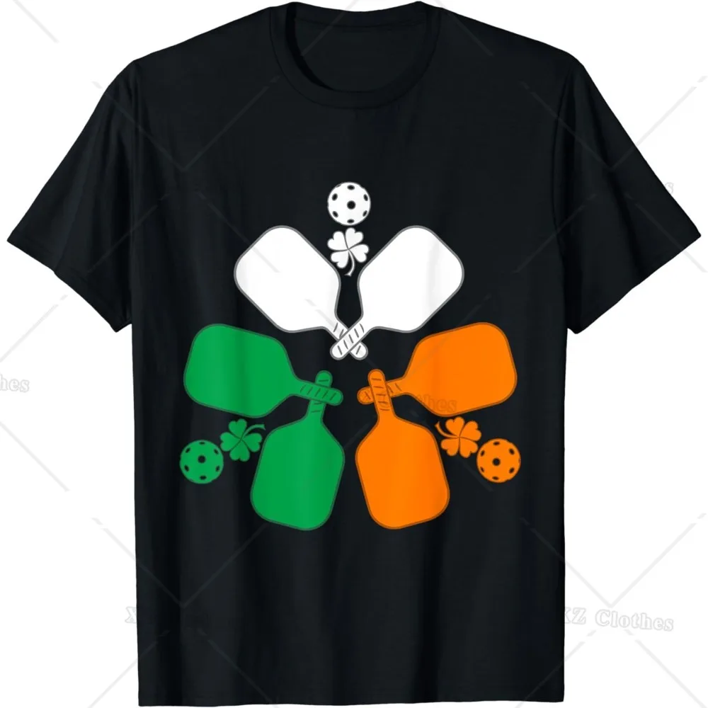 

Pickleball and Clover Printed Irish Flag Costume Cotton Shirts St. Patrick's Day Theme T-Shirt for Women Men