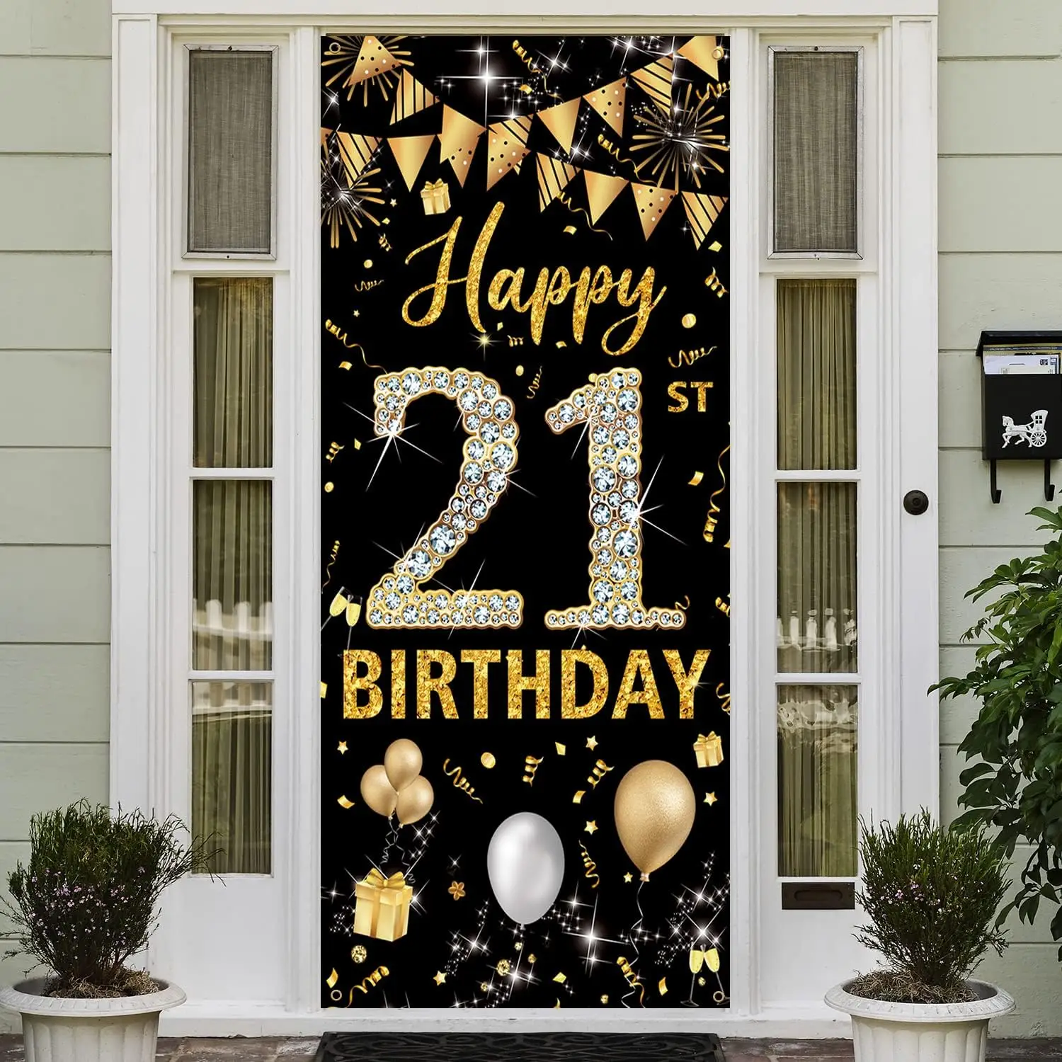 Black Gold Happy Birthday Decorations Door Hanging Banner 21st 30th 40th 50th Birthday Party Photo Props Backdrop