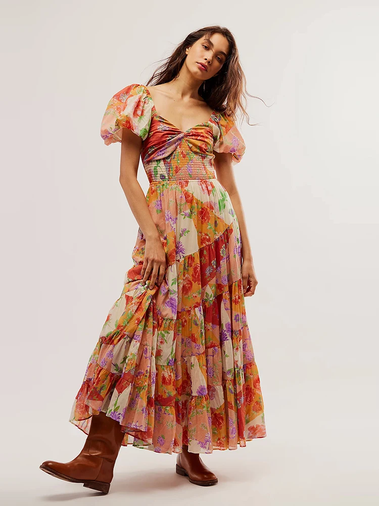 Summer retro corner print v-neck cropped puff sleeve dress (with belt)