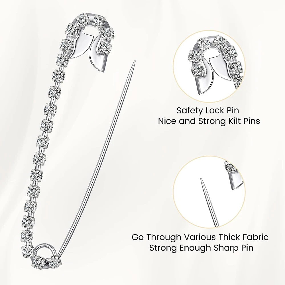 Description Picture 3 of item10/5PCS Silver Tone Rhinestone Safety Pins Large Safety Pins Nickel Finish Clothing Pins Safety Pins Assorted for Art Craft