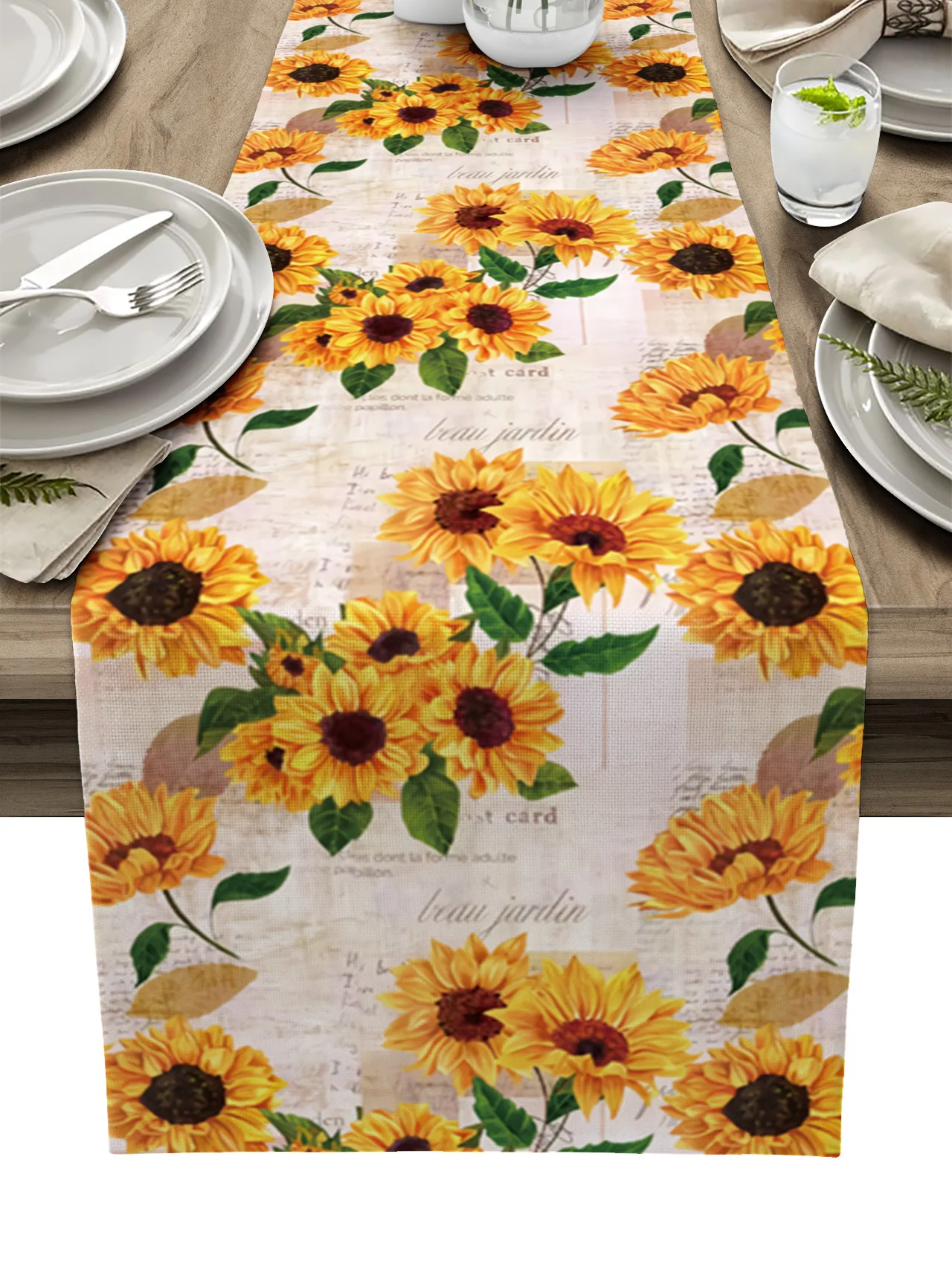 

Sunflower Old Newspaper Background Linen Table Runner Kitchen Table Decoration Farmhouse Dining Tablecloth Wedding Party Decor