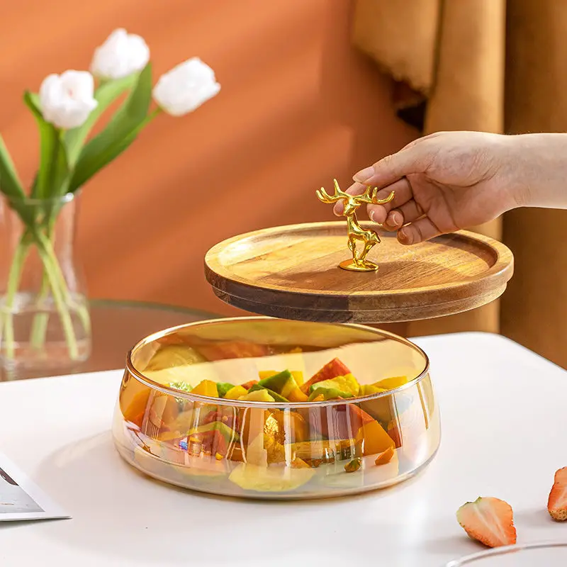 

Glass Fruit Bowl Candy Storage Box Fruit Nut Dried Storage Container Amber Fruit Tray with Wooden Lid Home Snack Dessert Plate