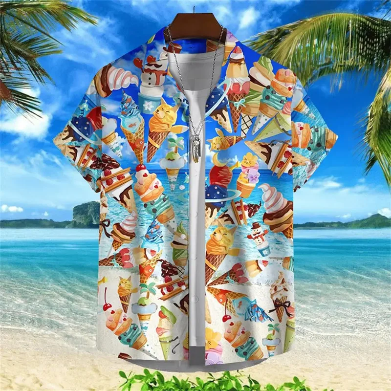 thumbnail image 1 of Camisa hawaiana con estampado 3D de helado para hombre, blusa con gráfico costero, camisas de manga corta para playa, surf, vacaciones de verano, 1 of 4