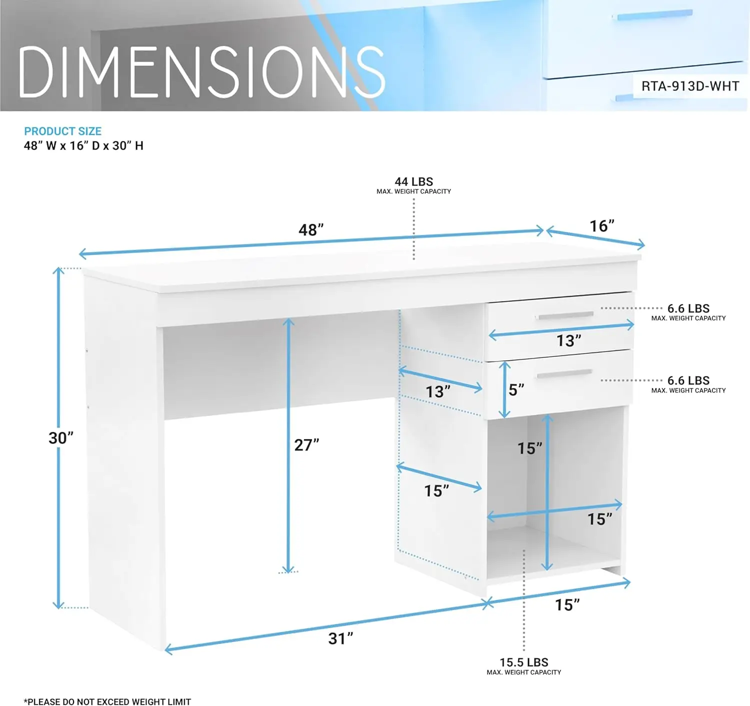 Techni Mobili Computer Home Office or Bedroom Storage & Drawers Ideal for Small Spaces Writing Desk, 47.6" W x 16.1" D x 30.3, W