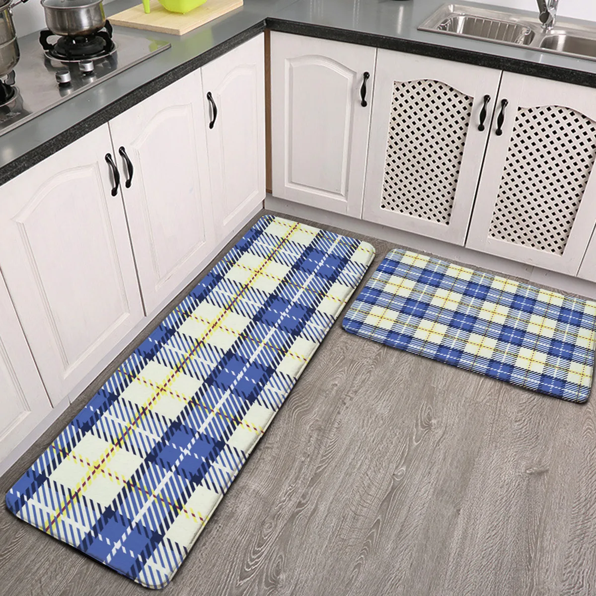 2 Pieces Non Skid Kitchen Rugs Blue Cream Plaid Buffalo Tartan Plaid