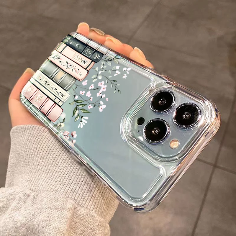 Soft Clear Phone Case with Retro Floral Decor and Book Cover Design
