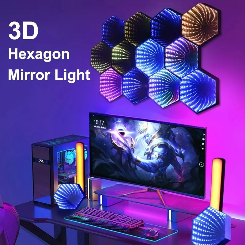 RGB 3D 육각 LED 데스크탑 앰비언트 라이트, 컴퓨터 게임 음악 리듬 동기화 픽업 라이트, 방 장식