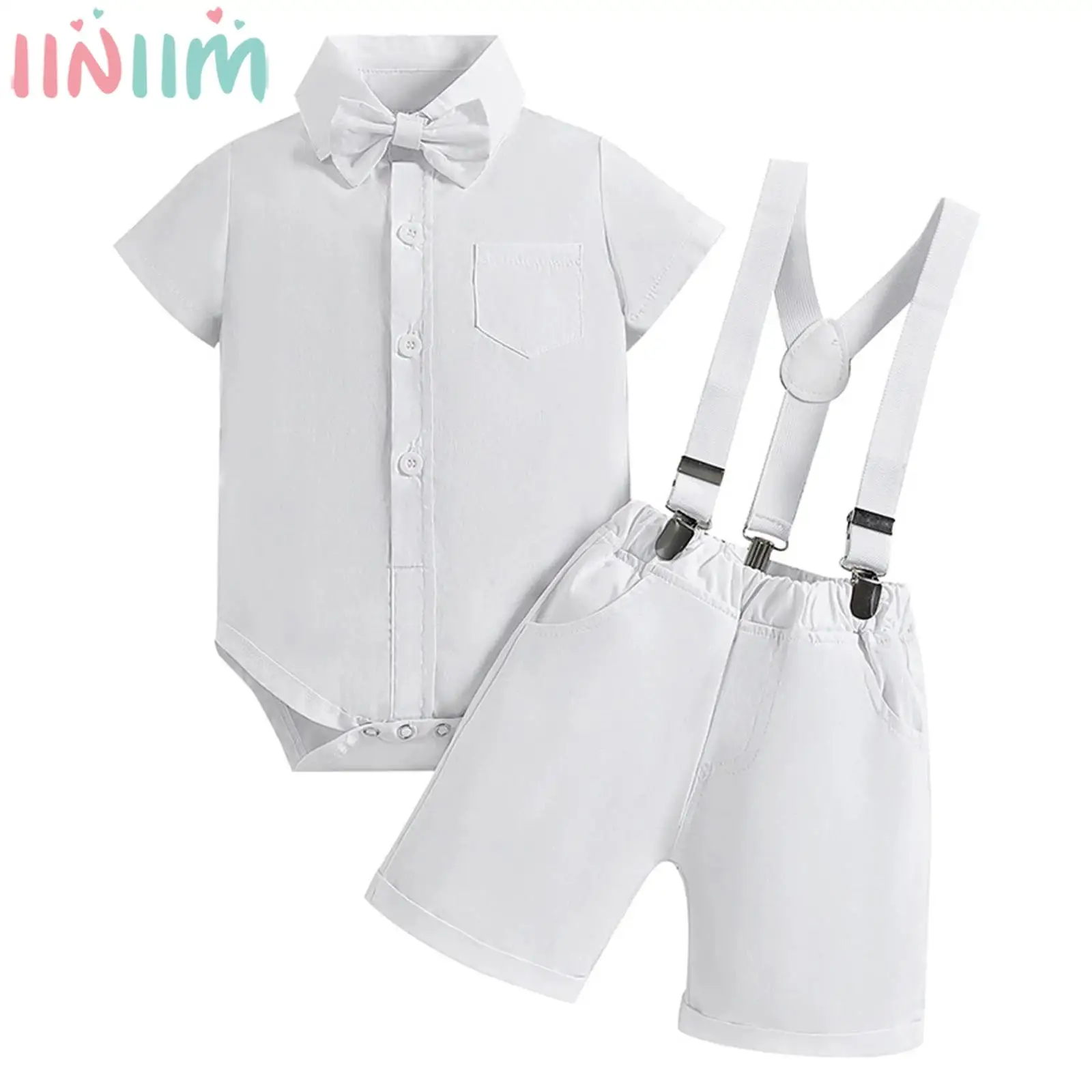 

Baby Boy Gentleman Suit Short Sleeve Shirt Romper with Suspenders Pants Bow Tie Set Baptism Birthday Wedding Party Formal Outfit