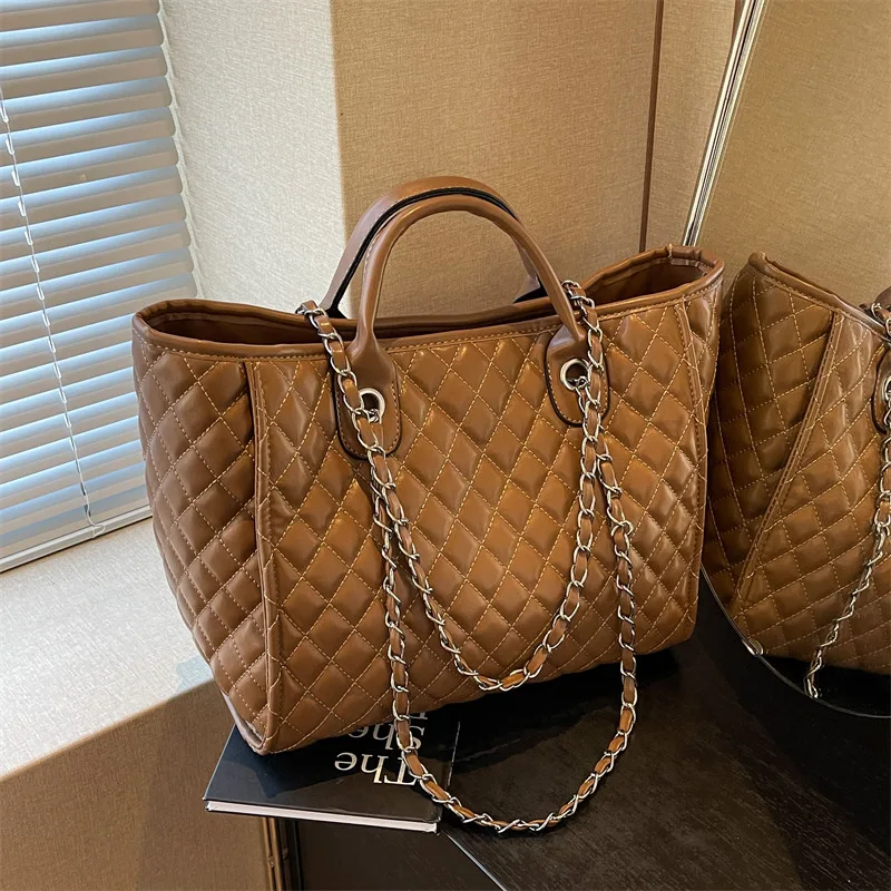 Diamond Plaid Large Chain Bag Women's 2024 Solid Color New Versatile Large Capacity Fashion Shoulder Handbag