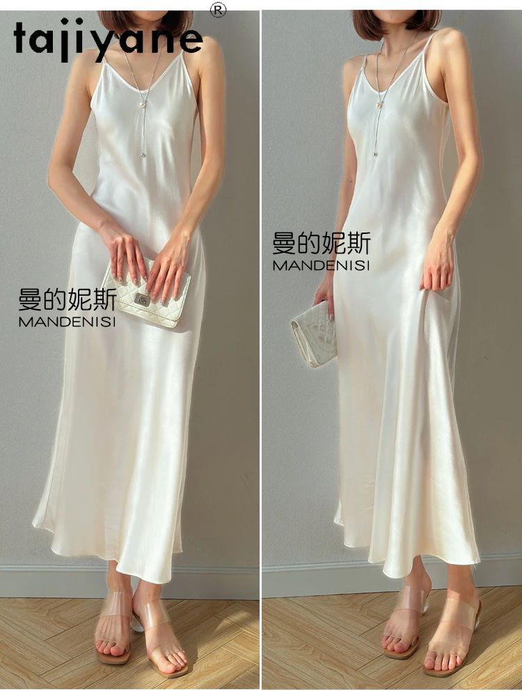 TAJIYANE 100% Mulberry Silk 21 Mommes Long Dresses Woman Summer 2025 New Satin Slip Dress Many Colors Ladies Clothes платье