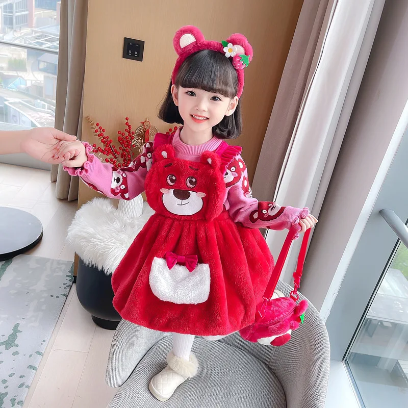 

Cute Children's Clothing Anime Sweater Suspender Skirt 2Pcs Set Lotso Christmasknit Sweater Party Dresses for Girls Student Gift