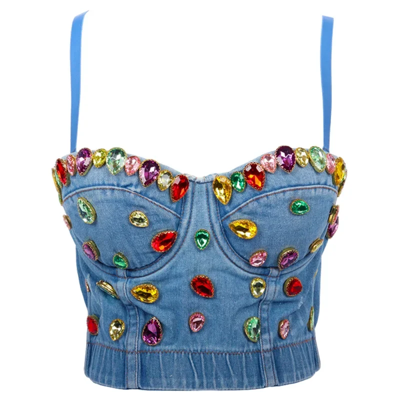 

Shiny Jeweled Denim Bodysuit for a Perfect Stage Look Bustier Cami Crop Top