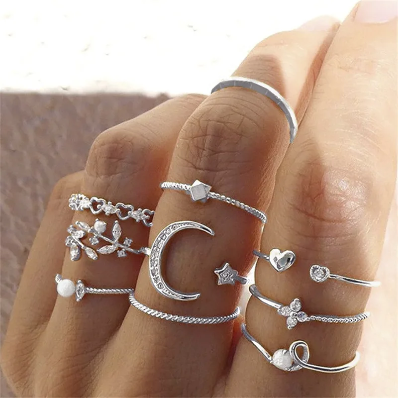 Silver Color Crystal Rings Set for Women, Cubic Zirconia