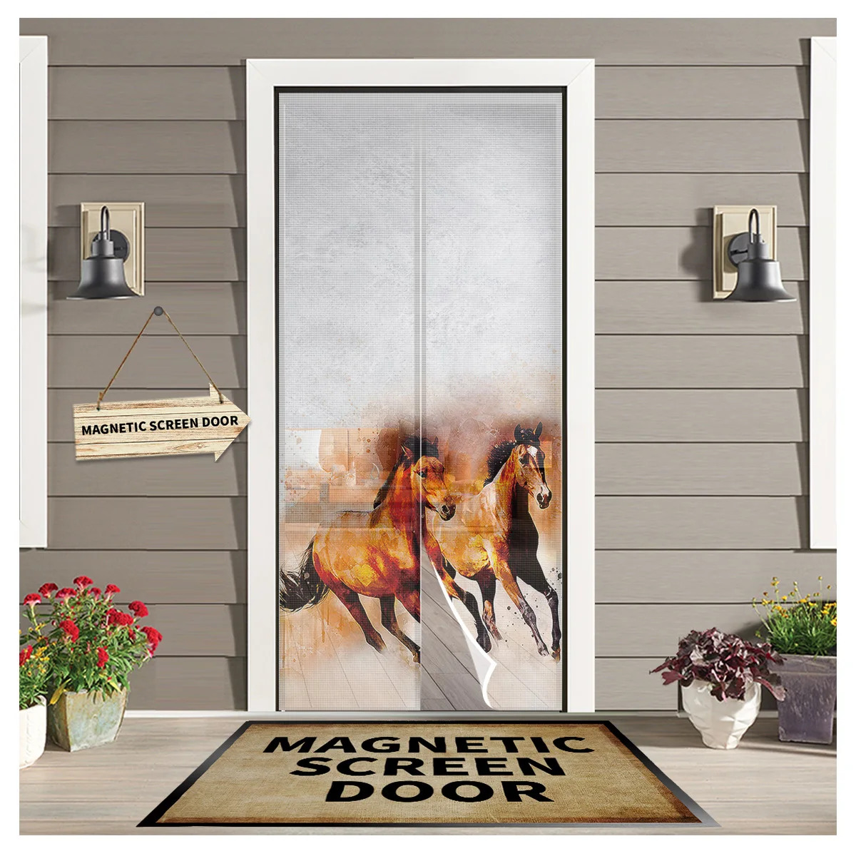 

Watercolor Galloping Horse Kitchen Door Curtain Anti-mosquito Door Net Mesh Insect Screen Door Curtains for Living Room