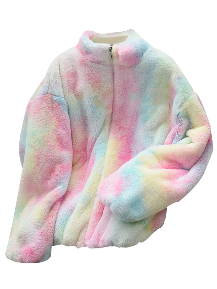 Lautaro Winter Zip Up Colorful Rainbow Faux Fur Coat Women