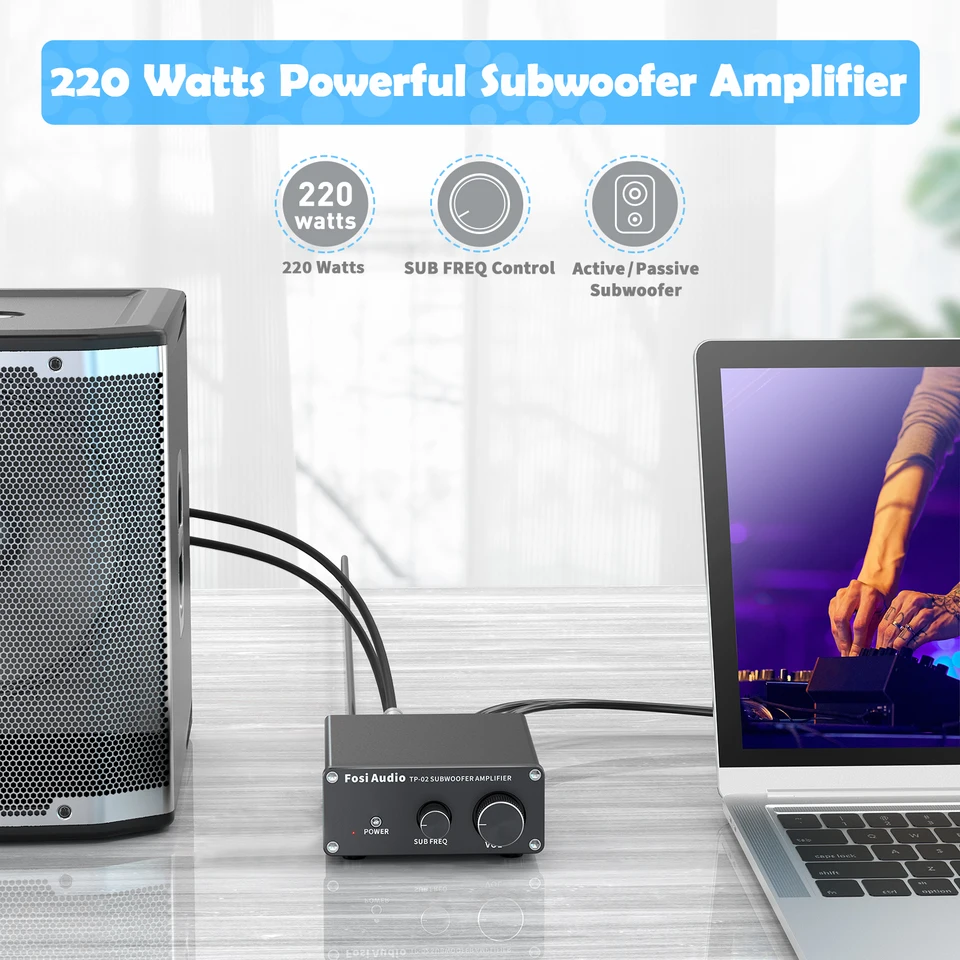 Fosi Audio TP-02 Amplificateur Subwoofer Mini Sub Bass Amplificateur Numérique de Subwoofer Intégré de Classe D TDA7498E 220Watt
