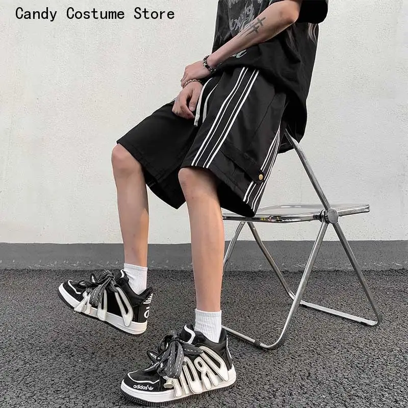 High Street Handsome Trouser Summer Shorts Men Casual Side Striped All-match Sporty Japanese Style Knee length Teenager Fashion