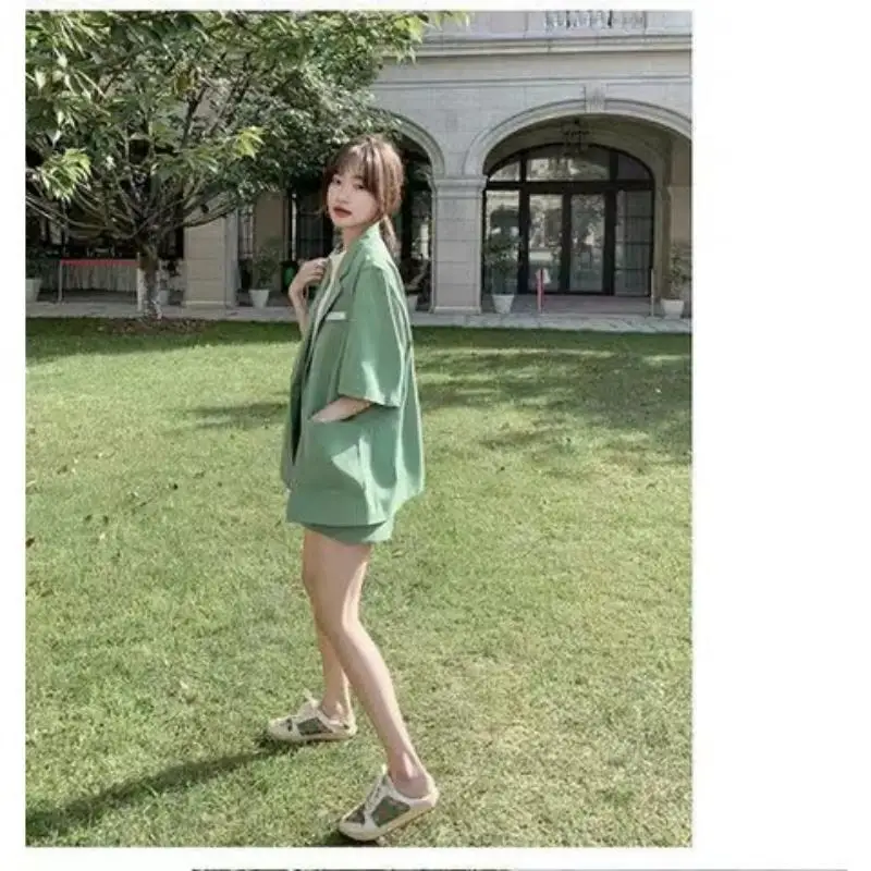 Women's Large Suit Set, Short Sleeve Coat, Elastic Waist Shorts, Summer, New, 2 Piece