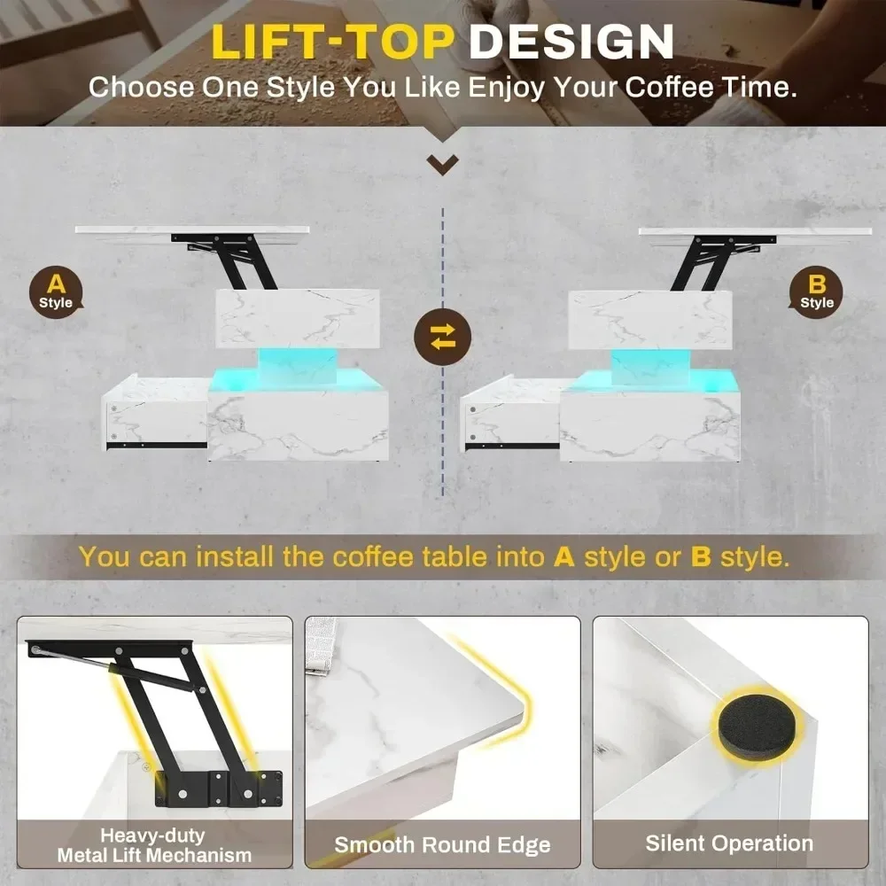 40 Inch Lift Coffee Table, Living Room Coffee Table with Storage, Small Coffee Table with 2 Drawers and LED Light