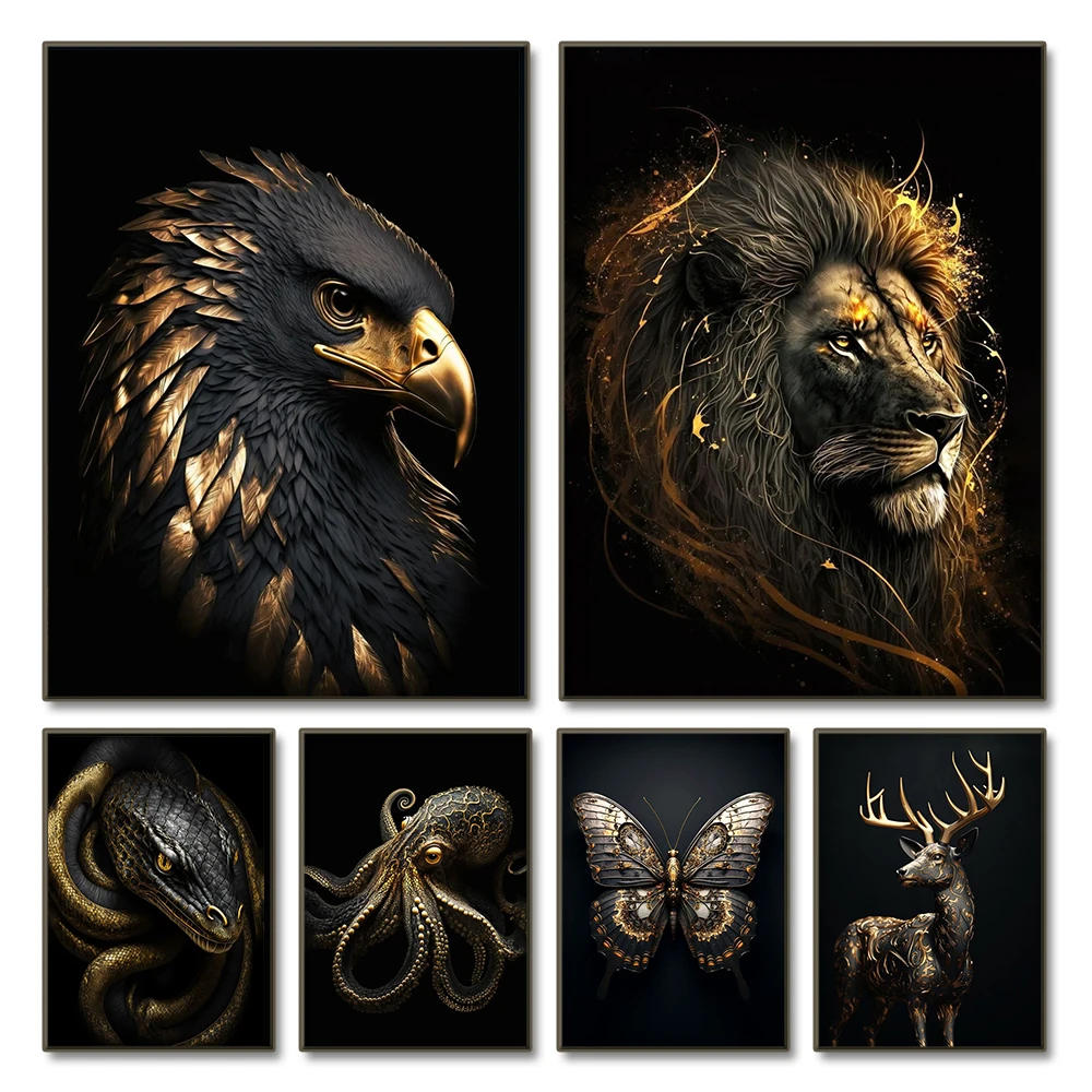 BlackGoldEagleLionCanvasPaintingMetalPosterWallArtNordicDeer