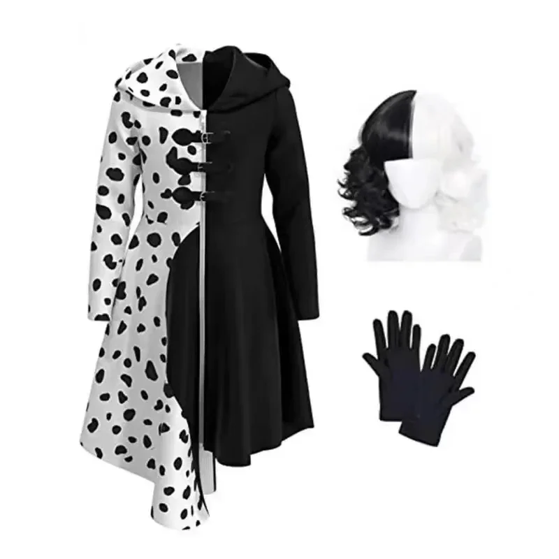 Adult Kid Anime Cruella De Vil Costumi Cosplay 101 Dalmata Cruella Black White Dress Costumi Di Halloween Per Abbigliamento Donna