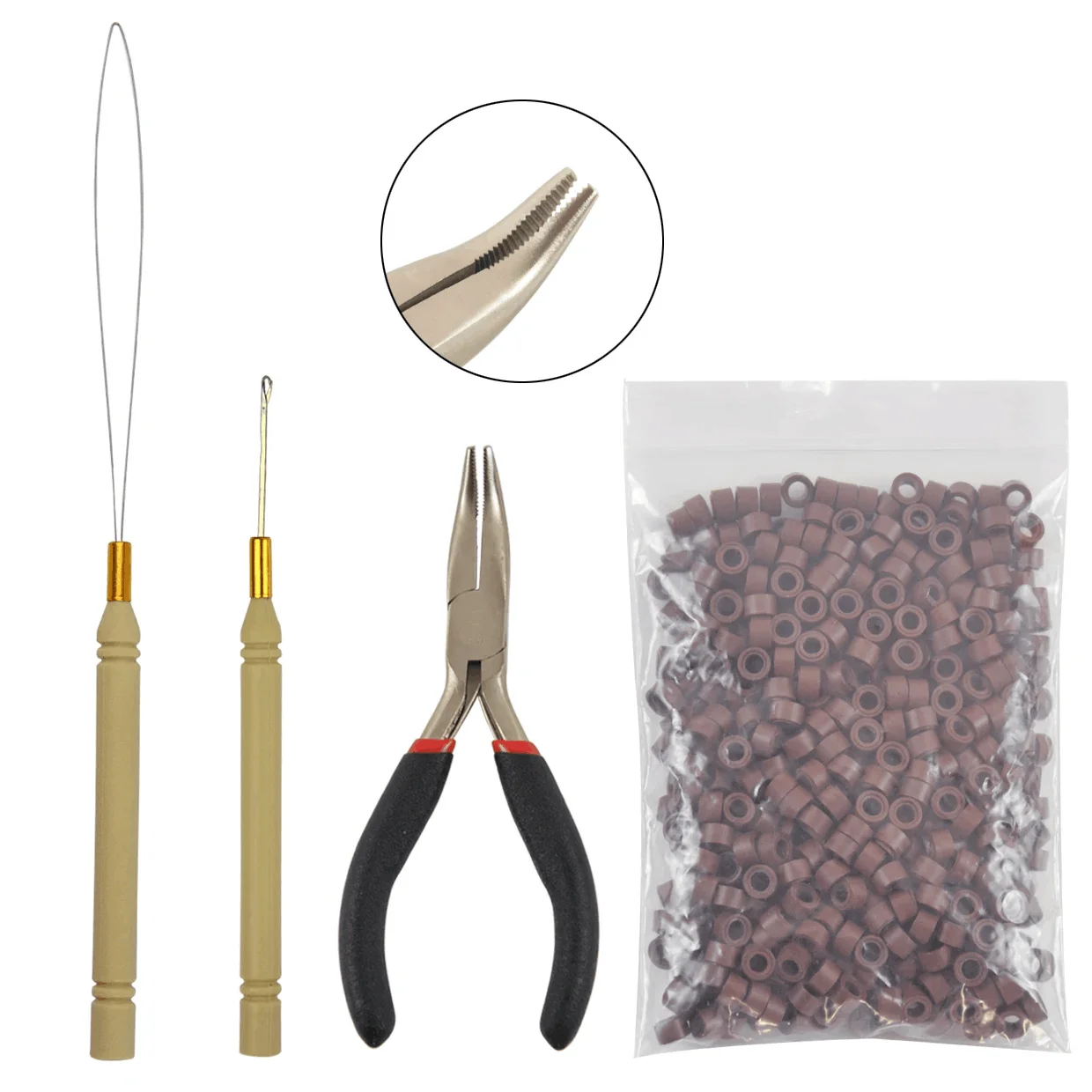 Hair Extensions Tool Kit : 500 Pieces Micro Silicone Hair Beads/Rings I-Tip Pliers Pulling loop Threader Hook Needle