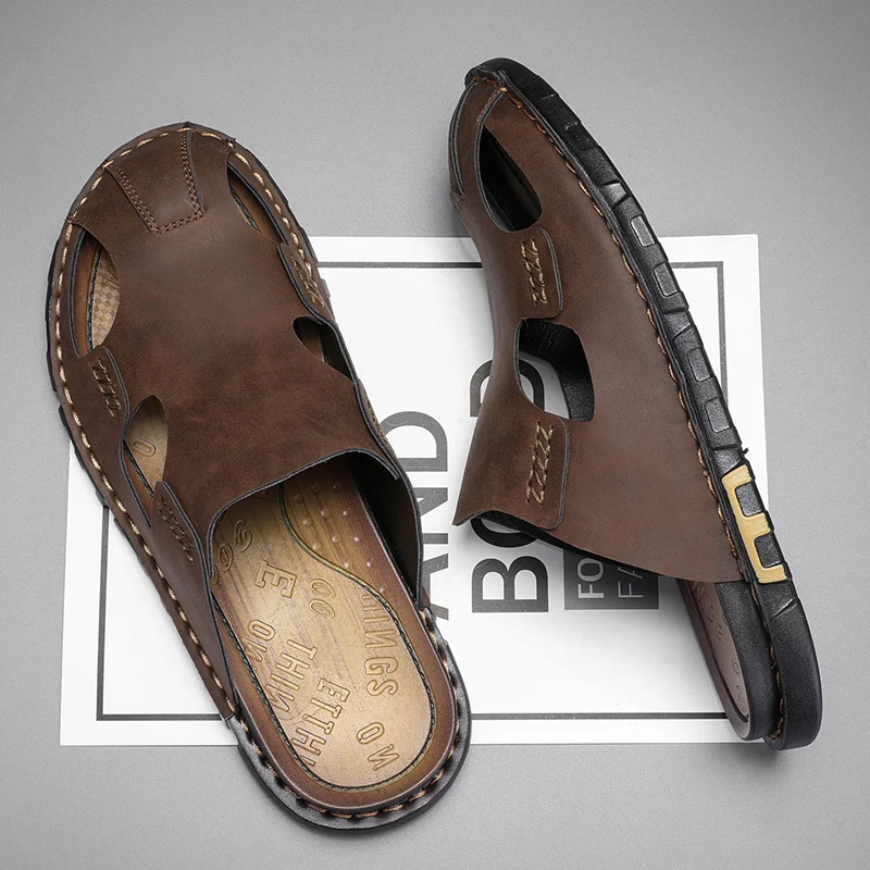Leather Mens Slippers Shoes Summer Large Size Male Slipper Men Sandal Fashion Slipper Luxury Leather Flip Flops 38-47 fashion sandals fashion slippers leather sandals