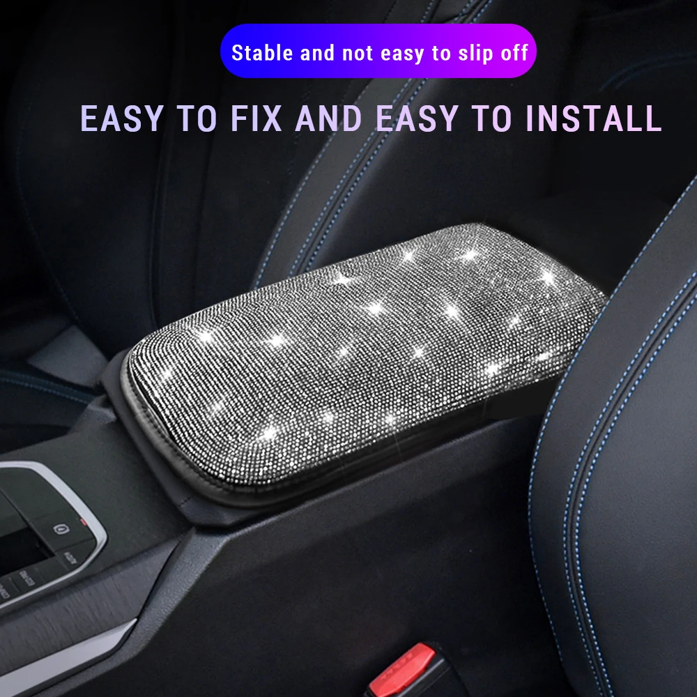Crystal Car Armrest Mat Universal Leather Waterproof Dust-proof Storage Box Pad Non-slip Cover Bling Car Accessories for Girls