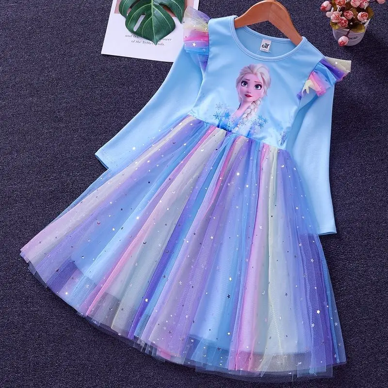 Elsa Princess Dress Girls Dress Spring and Autumn Dress 2021 New Long-sleeved Children's Western Style Elsa Frozen Dress 1