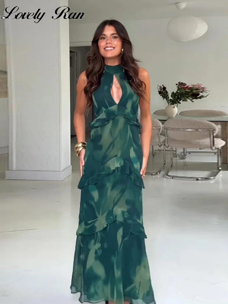 Sexy Print Ruffles Women Long Dress Elegant Halter V-neck Backless Sleeveless F…