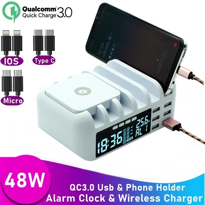 

48W Universal Multi USB Fast Wireless Charger Station QC3.0 Usb LCD With Clock Portatil Carregador For iPhone 12 Xiaomi Samsung