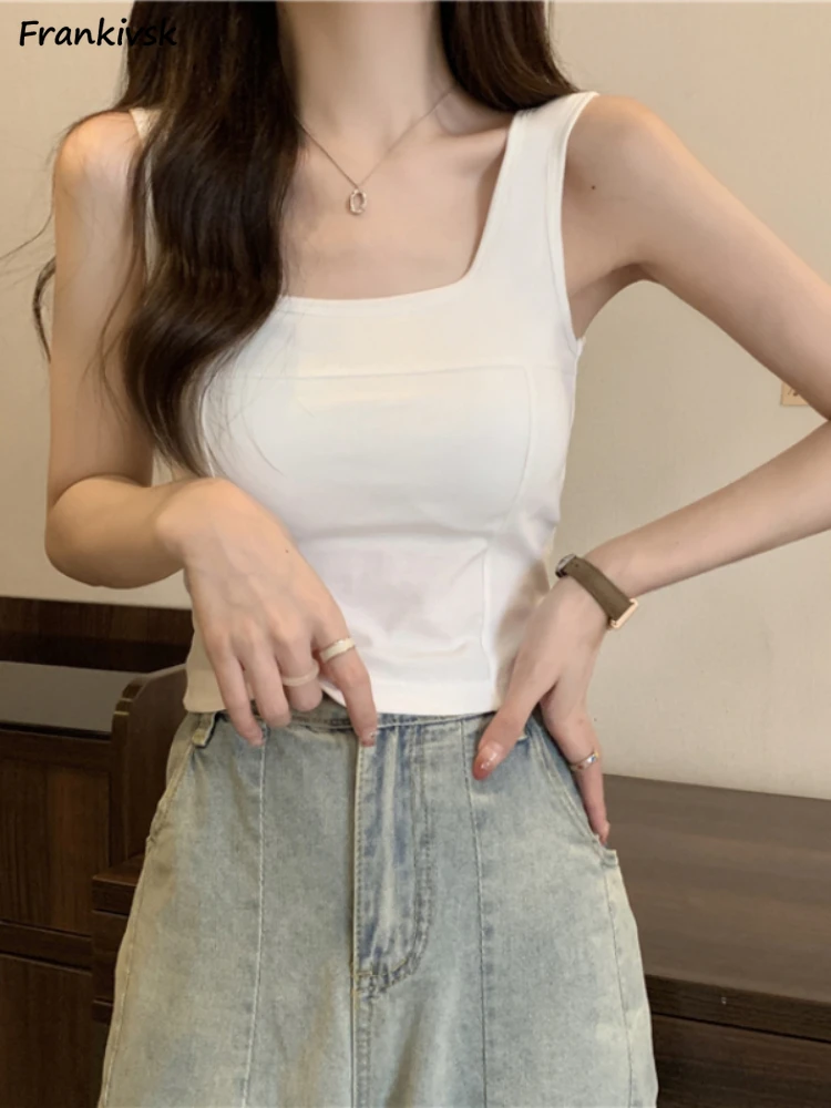 

Однотонные женские облегающие майки с квадратным вырезом, летние укороченные пикантные уличные эластичные элегантные универсальные повседневные майки в Корейском стиле, 2023