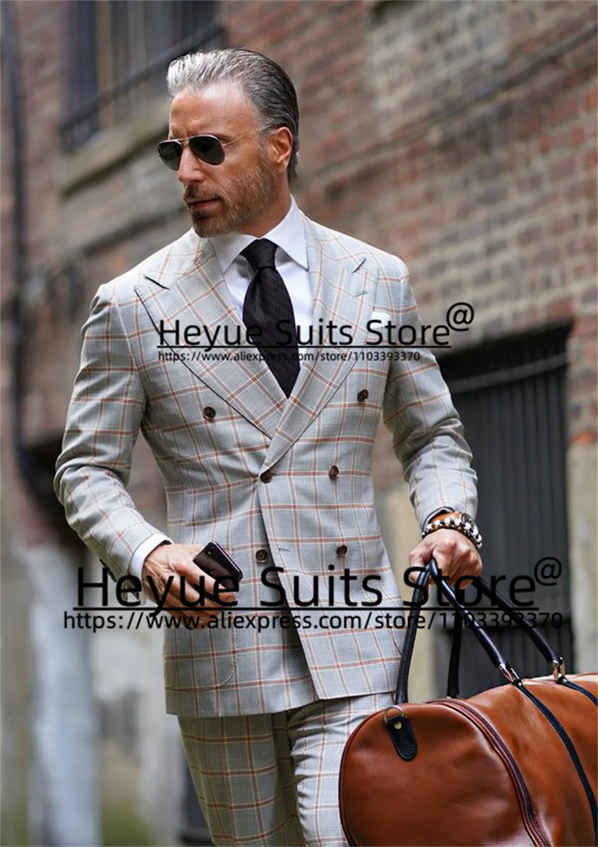 British style Plaid Men Suits Custome Gray Plaid Slim 2Pcs Sets Elegant Groom Prom Tuxedos Business Double-breasted Ropa Hombre