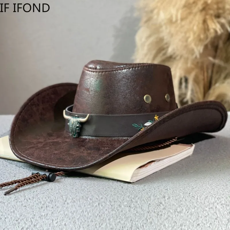 Fashion Cow Head Decorate Western Cowboy Hat Faux Leather Vintage - Main Image