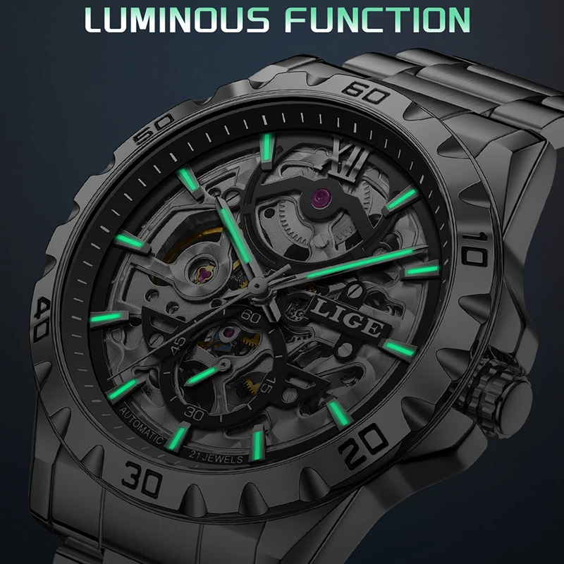 LIGE Automatic Watch For Men Fashion Hollow Waterproof Luminous Men's Mechanical Wristwatches Outdoor Sport Tourbillon Watch Men