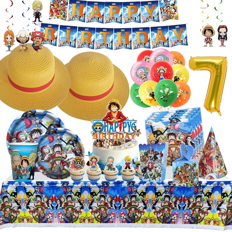 Eendelig Verjaardagsdecoratie Luffy Hoed Feest Gunsten Wegwerp Feest Servies Tafelkleden Bordjes Cups Cartoon Figuur Decor Speelgoed