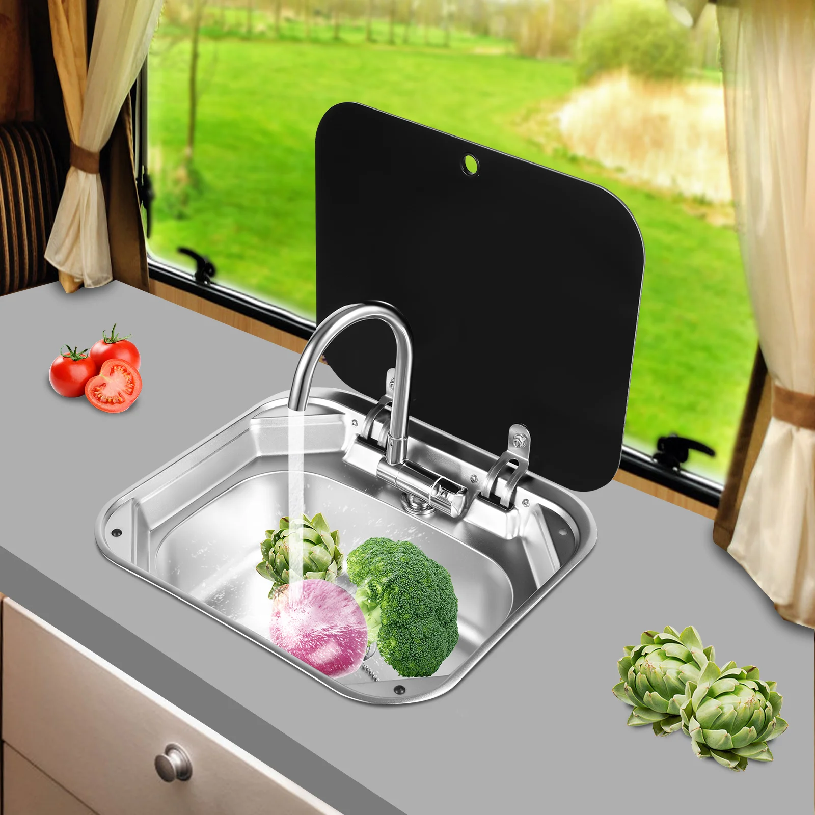 RV Sink 41x36.5cm/16.14x14.37inch Stainless Steel Sink with Hot and Cold Water Faucet Foldable Pipes with Lid