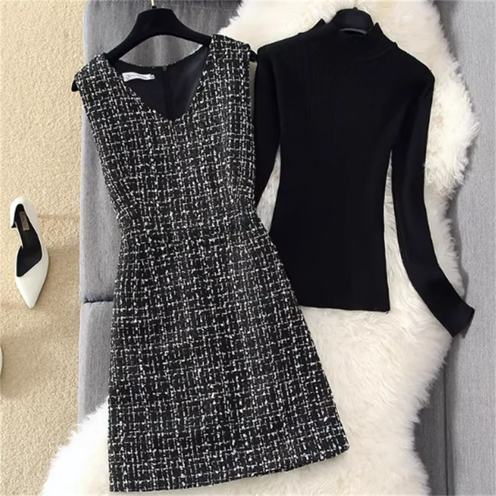 

Tweed ol casual dress woolen back long Sleeveless V-neck Vest Dress Women Autumn Winter Casual Elegant