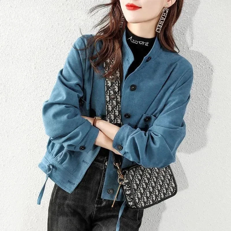 

Korean Fashion Stand Collar Short Coats Spring Unlined Corduroy Cropped Jacket Women 2023 Fall Long Sleeves Classic Women Jacket