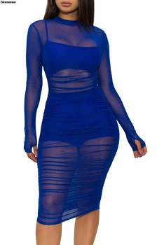 Women Mesh See Through 3 Piece Set Bodycon Ruched Cover Up Midi Dress+Camis+Shorts 3 Pieces Suits Sexy Night Club Party Outfits 5