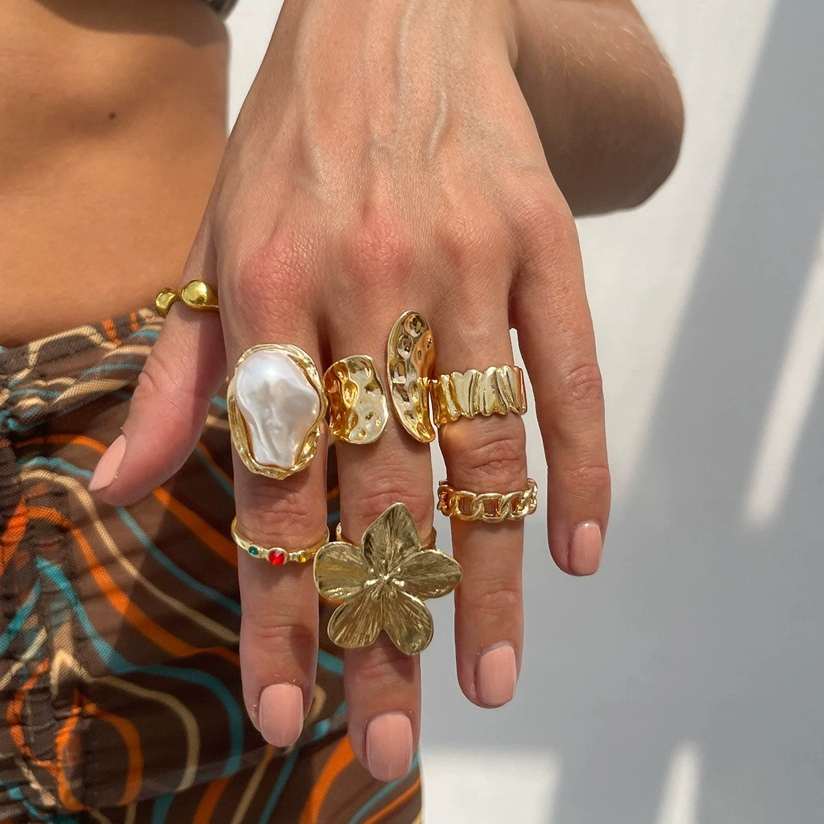 真珠の花デザインリング ゴールド Rings Set Vintage Gold Color Geometric Pearl Flower Metal