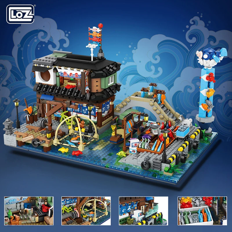 Loz Giapponese Fish Stall Mini Street View Building Blocks Moc Fisherman Market Zero Bar Fisherman Hotel Assembly Toy Per Bambini Gif
