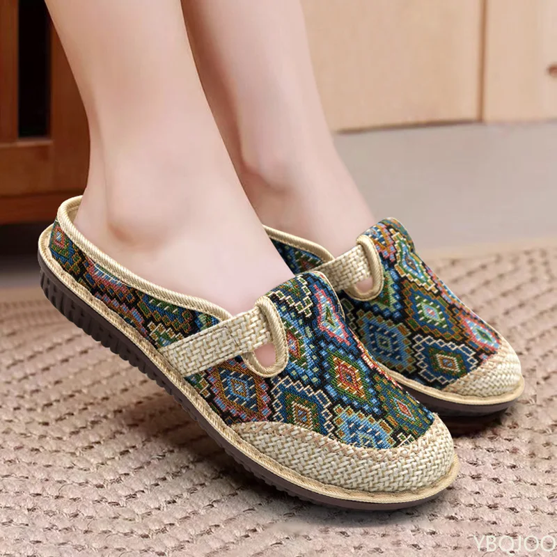 Ethnic Style Embroidered Shoes New Linen Breathable Half Slippers for Women with Soft Soles Women's Cloth Shoes for One Foot