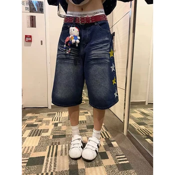 YIBASHU 2026 Summer Women American Retro Jorts Punk Denim Shorts Y2K 2000s Japanese Harajuku Blue Star Cargo Jeans Pants 1