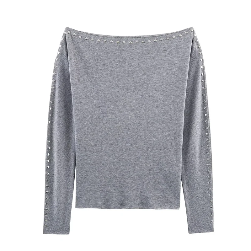 Women's Simple Style T-Shirts Spring Autumn Fashion Rivet Bat Sleeve Short T Shirts for Women Streetwear Long Sleeve Casual Tops