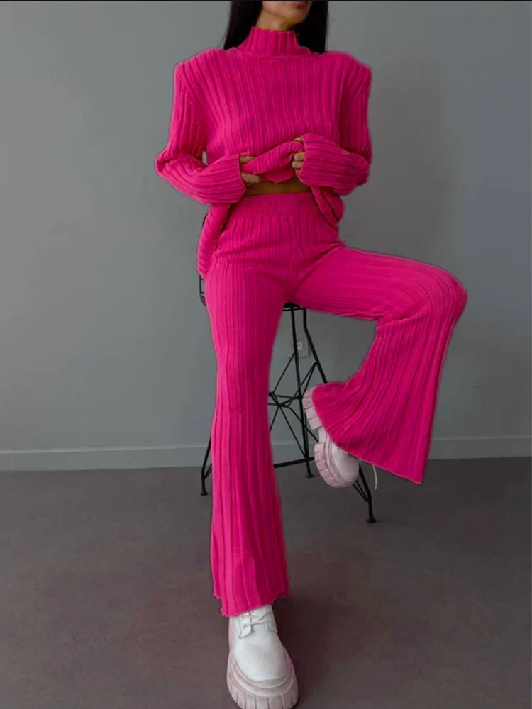 

High Collar Pit Stripe Knitted Set Women's Autumn and Winter 2023 Pullover Knitted Shirt Pants Woolen Woven Two Piece Set